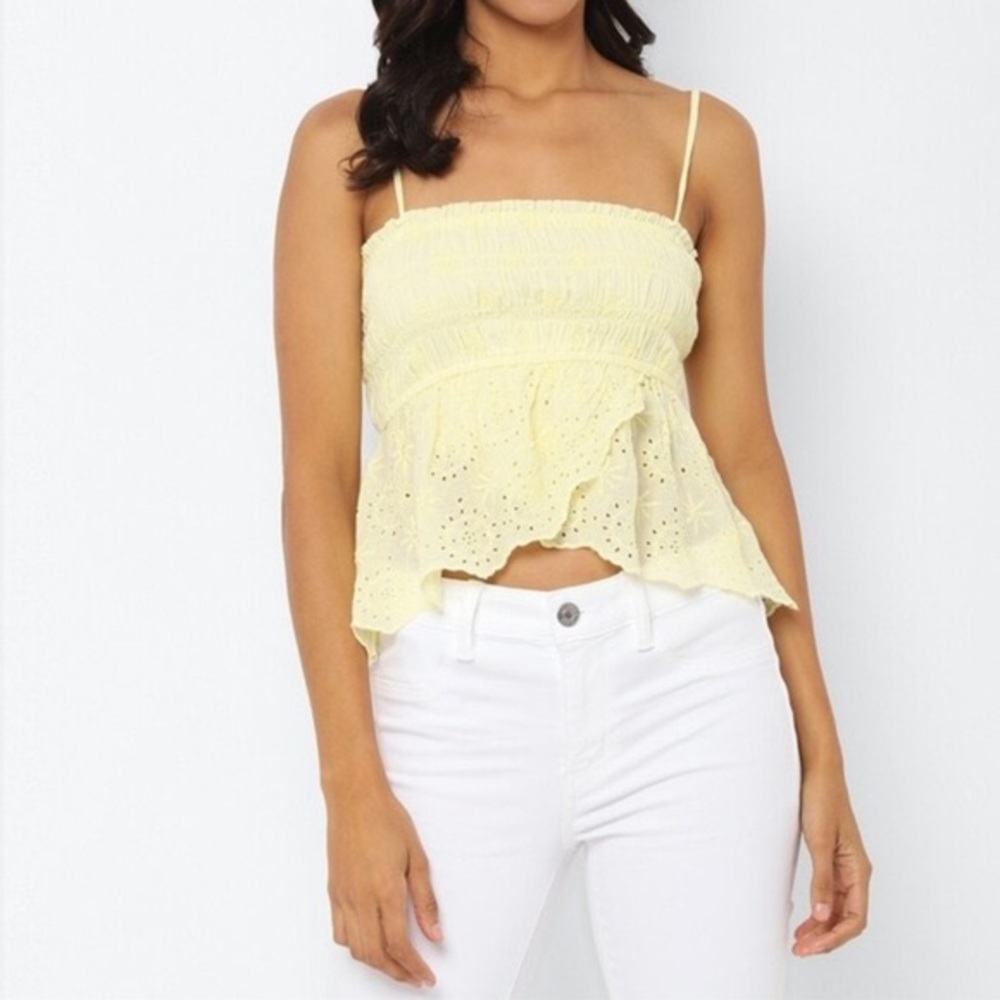 American Eagle Yellow Floral Smocked Eyelet Ruffled Tank Top size small